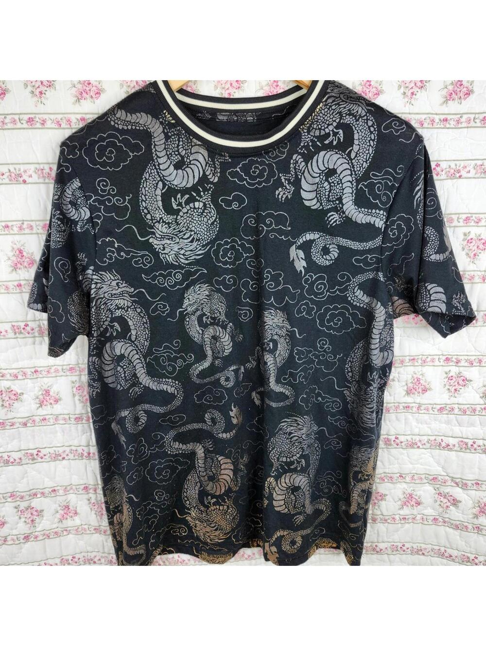Drill Clothing Dragon Graphic T-Shirt Asian Style Print Black Tee M